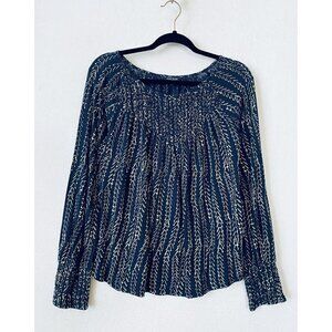 Lucky Brand Top Womens Medium Peasant Smocked Long Sleeve Tribal Southwestern